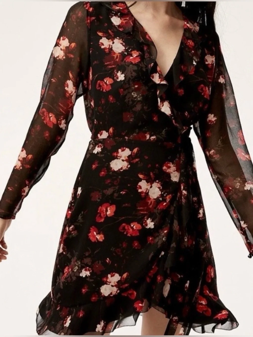 Aritzia Wilfred Louise Black and red Floral Ruffle Wrap Dress, size XS boho chic
